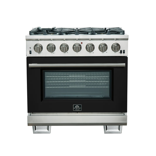 Forno Capriasca 36-Inch Gas Range, Stainless Steel, 6 Brass Burners, 120,000 BTU, Convection Oven, Energy Efficient, Black door