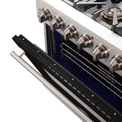 Forno Capriasca 36-Inch Gas Range, Stainless Steel, 6 Brass Burners, 120,000 BTU, Convection Oven, Energy Efficient, Black door