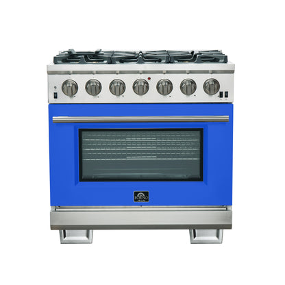 Forno Capriasca 36-Inch Gas Range, Stainless Steel, 6 Brass Burners, 120,000 BTU, Convection Oven, Energy Efficient, Blue Door