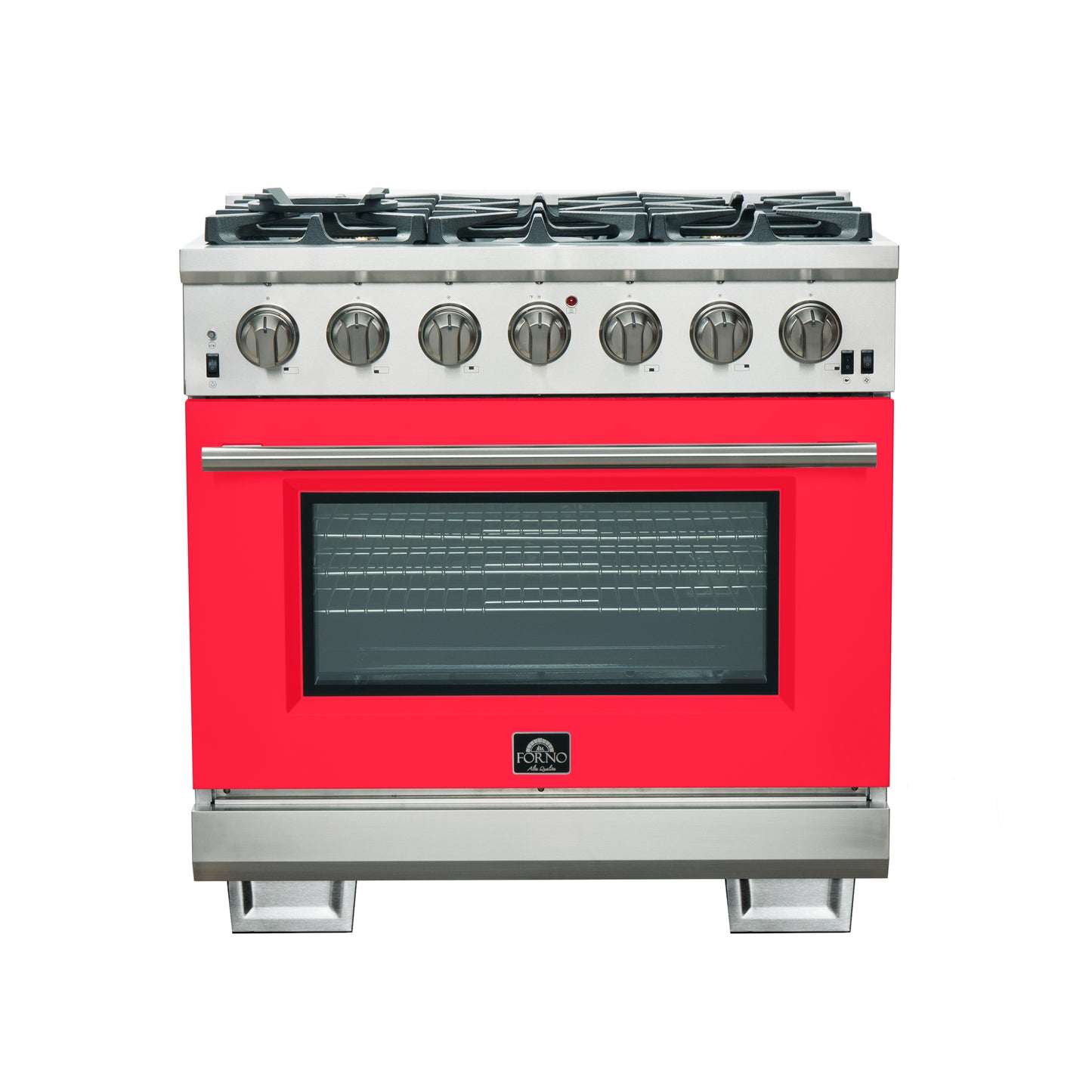 Forno Capriasca 36-Inch Gas Range, Stainless Steel, 6 Brass Burners, 120,000 BTU, Convection Oven, Energy Efficient, Red Door