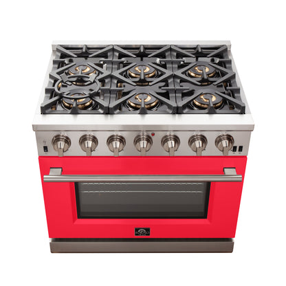 Forno Capriasca 36-Inch Gas Range, Stainless Steel, 6 Brass Burners, 120,000 BTU, Convection Oven, Energy Efficient, Red Door