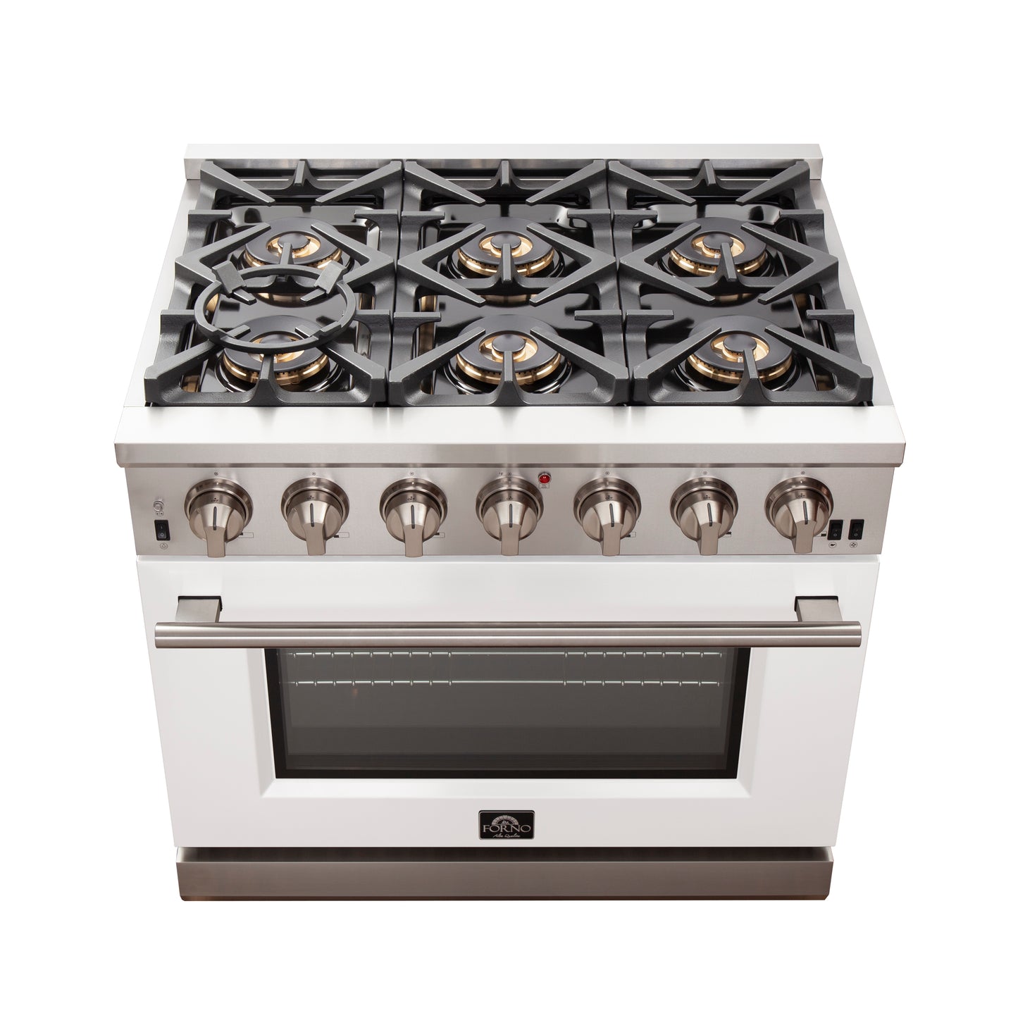 Forno Capriasca 36-Inch Gas Range, Stainless Steel, 6 Brass Burners, 120,000 BTU, Convection Oven, Energy Efficient, White Door