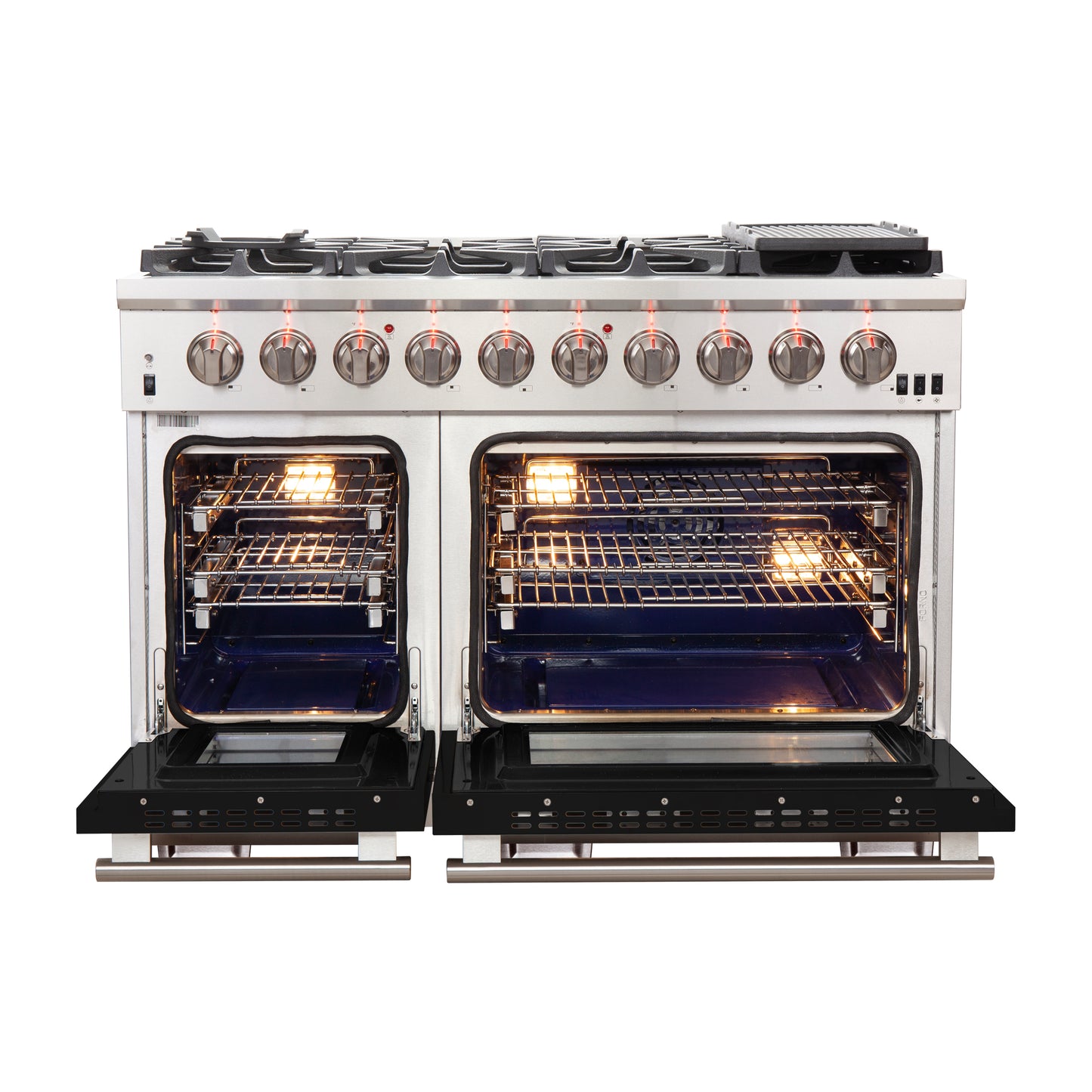 FORNO Capriasca 48-inch Gas Range Stainless Steel, 8 Brass Burners 160,000 BTU, 6.58 cu.ft. Double Oven, Black Doors