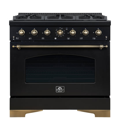 Forno Antico 36-Inch Freestanding Gas Range, Black, Antique Brass Design, 6 Burners, Convection Oven, Energy Efficient