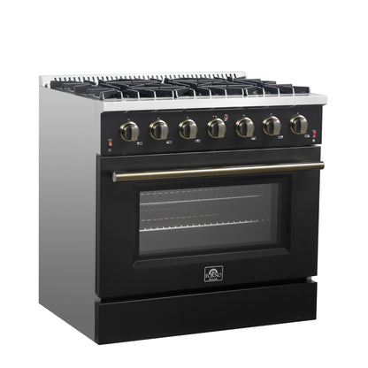 Forno Galiano 36-inch Freestanding Gas Range in Black with Antique Brass Design, 6 Burners, 83,000 BTU, 5.36 cu.ft. Convection Oven