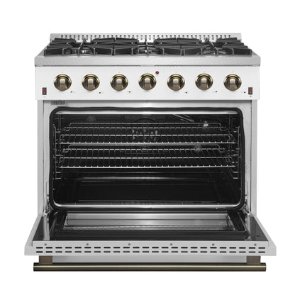 Forno Galiano 36-inch Freestanding Gas Range in White with Antique Brass Design, 6 Burners, 83,000 BTU, 5.36 cu.ft. Convection Oven