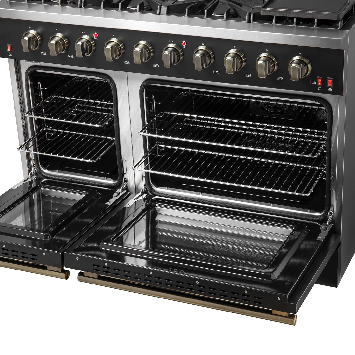 FORNO Galiano 48-inch Gas Range Black & Antique Brass Design, 8 Burners, 107,000 BTU, Griddle, 6.58 cu.ft. Double Ovens
