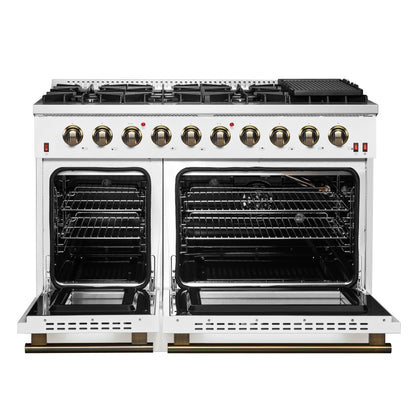 FORNO Galiano 48-inch Gas Range White & Antique Brass Design, 8 Burners, 107,000 BTU, Griddle, 6.58 cu.ft. Double Ovens