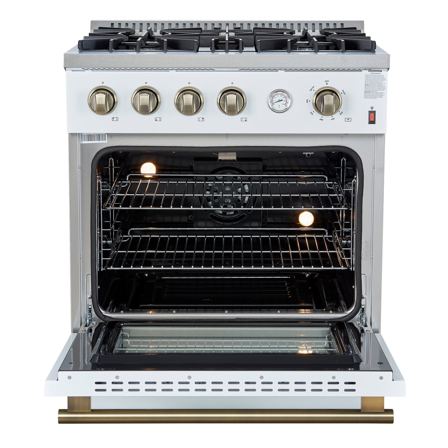 Marco 30-inch Gas Range White & Antique Brass Design, 4 Burners 37,000 BTU, 4.32 cu.ft. Convection Oven