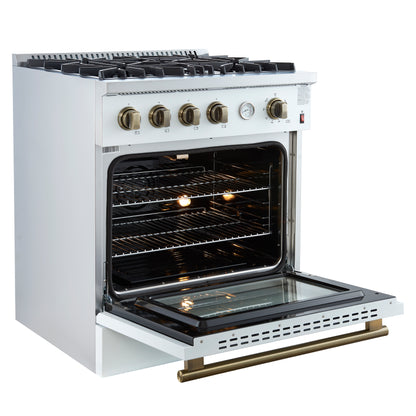 Marco 30-inch Gas Range White & Antique Brass Design, 4 Burners 37,000 BTU, 4.32 cu.ft. Convection Oven