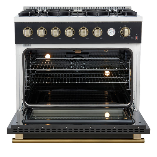 Marco 36-Inch Gas Range Black & Antique Brass Design, 6 Burners 67,000 BTU, 5.36 cu.ft. Convection Oven