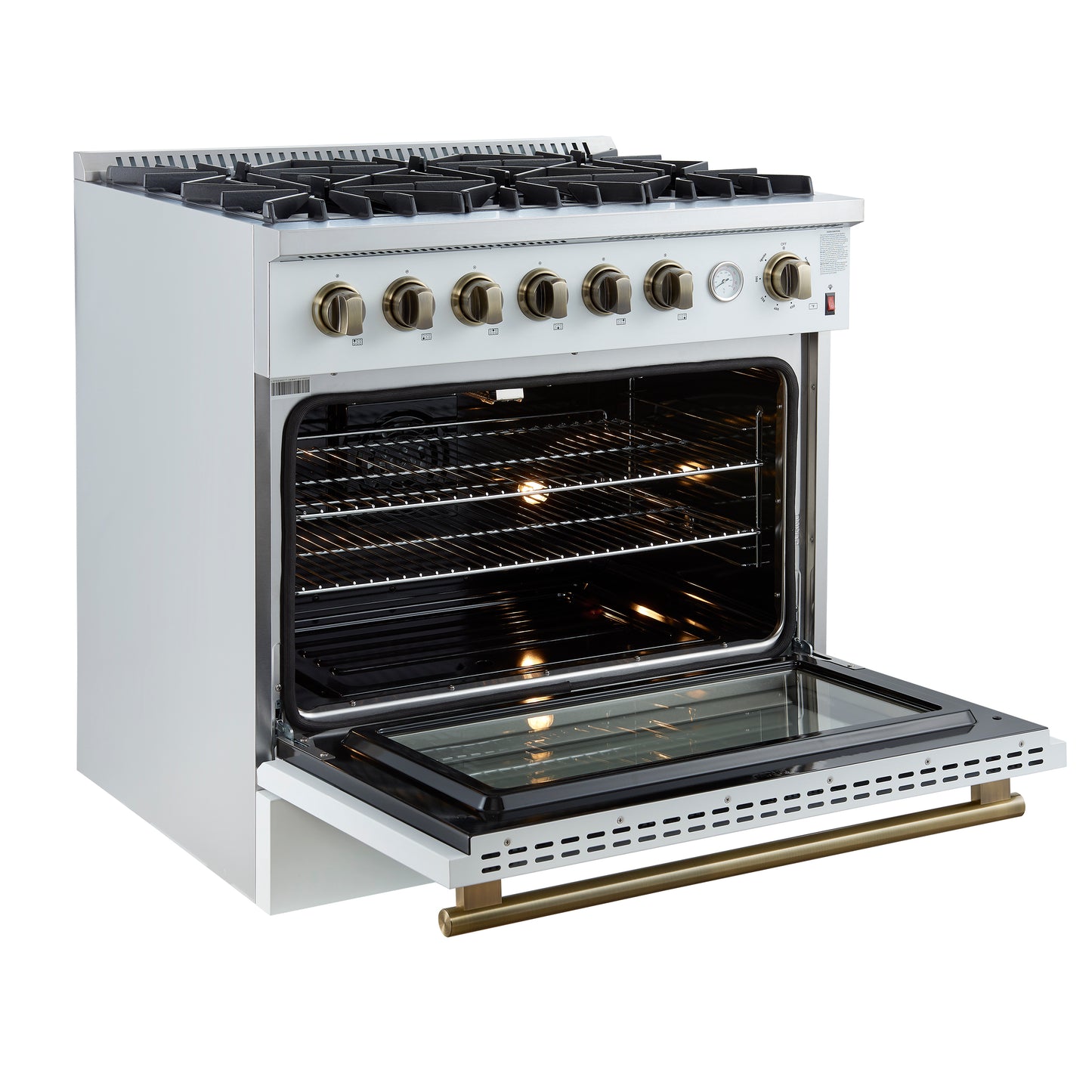 Marco 36-Inch Gas Range White & Antique Brass Design, 6 Burners 67,000 BTU, 5.36 cu.ft. Convection Oven