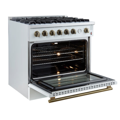 Marco 36-Inch Gas Range White & Antique Brass Design, 6 Burners 67,000 BTU, 5.36 cu.ft. Convection Oven