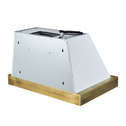 Forno Vittorio 36-Inch Wall Mount Range Hood, White with Antique Brass Trim, 600 CFM Airflow, Dishwasher-Safe Baffle Filters, Remote Control, 3-Speed Fan, Bright LED Lighting.