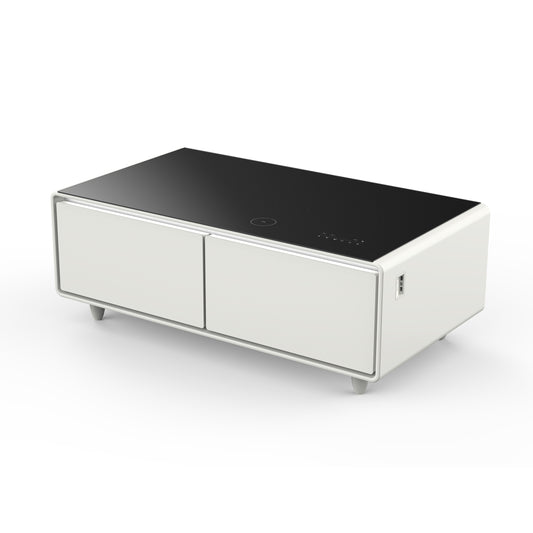 Forno Evoluto Tavolo 51-Inch White Smart Coffee Table – Dual Refrigerator Drawers, Bluetooth 5.0 Audio, Wireless Charging & RGB Ambient Light