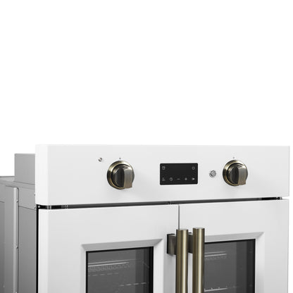 Forno Asti 30-Inch French Door Electric Wall Oven in White & Antique Brass, 3.68 cu. ft. True Convection, 3,600W, Air Fry, Sous Vide, Self-Clean