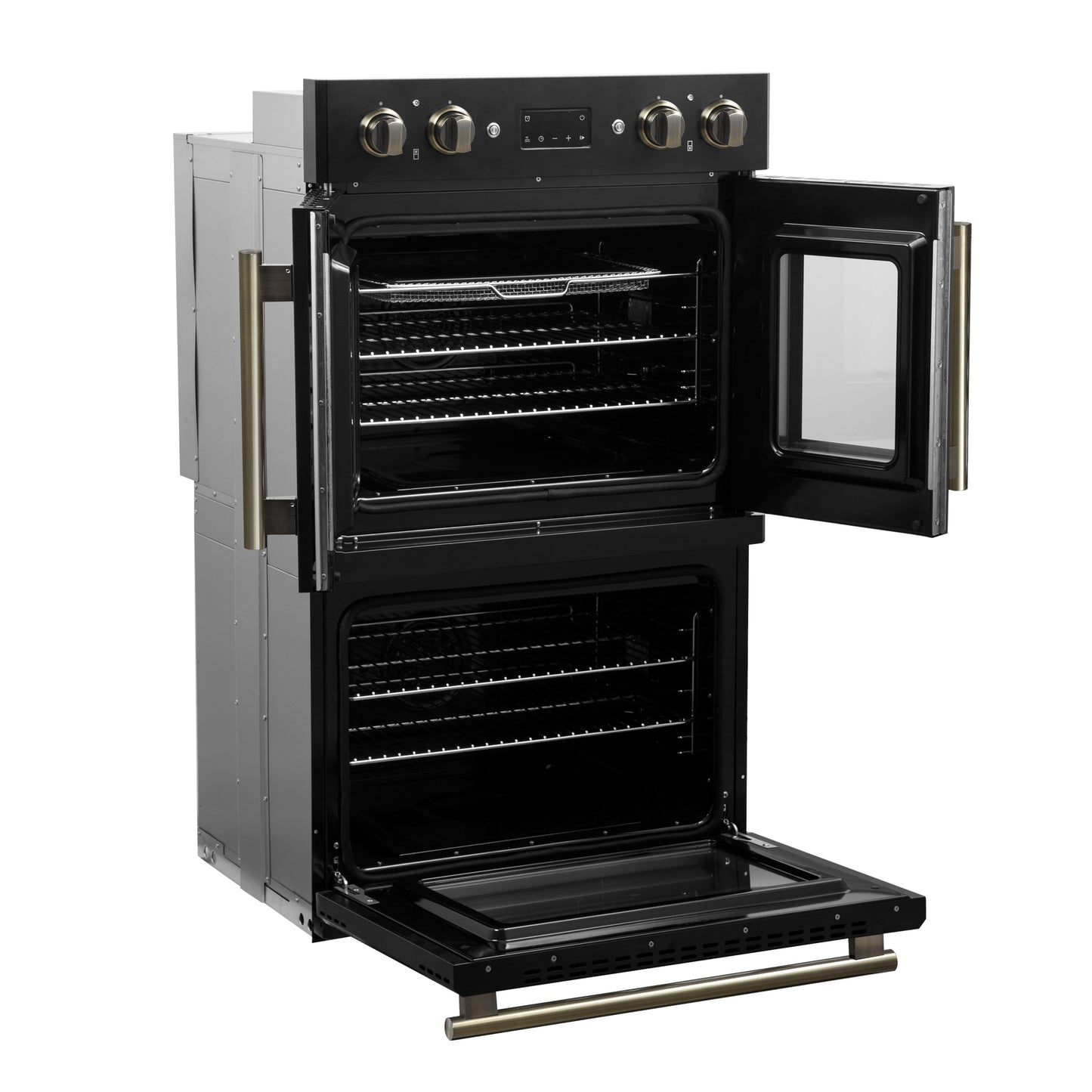 Forno Asti 30-Inch Double Electric Wall Oven with Upper French Doors in Black & Antique Brass, 7.36 cu. ft. Dual True Convection, 7,200W, Air Fry, Sous Vide, Self-Clean