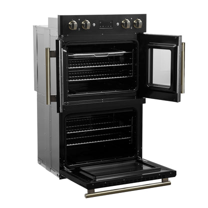 Forno Asti 30-Inch Double Electric Wall Oven with Upper French Doors in Black & Antique Brass, 7.36 cu. ft. Dual True Convection, 7,200W, Air Fry, Sous Vide, Self-Clean
