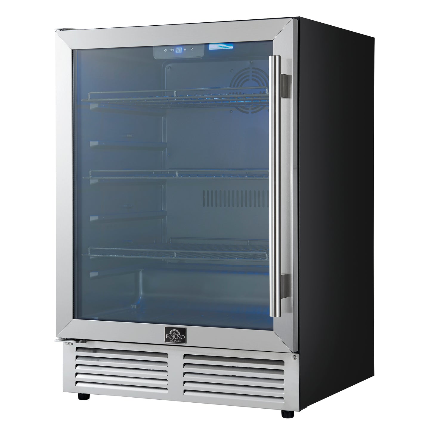 Forno Frescolino 24 Inch Beverage Cooler, Stainless Steel, with LED Lighting, Triple Glass Door, 188 Can Capacity, Built-In or Freestanding